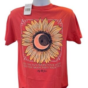 Lily Grace Sunflower & Crescent Moon Coral T-Shirt front chest pocket Nee L & XL